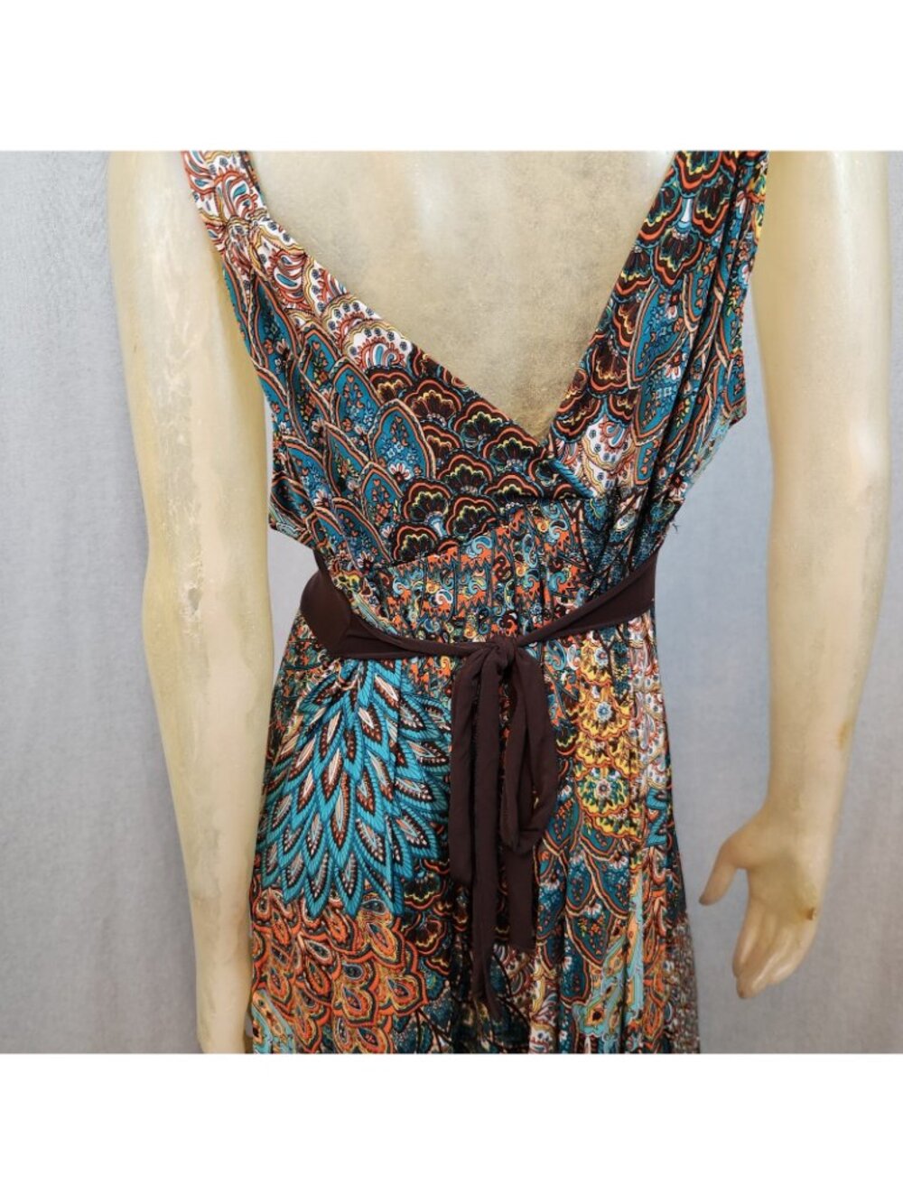 Libian Orange Brown Green Boho V Neck Slvlss Maxi Dress 3XL 3XLARGE USA - Picture 6 of 8